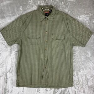 Gap Mens Large Green Plaid Short Sleeve Button Down Utility Shirt 100% Cotton